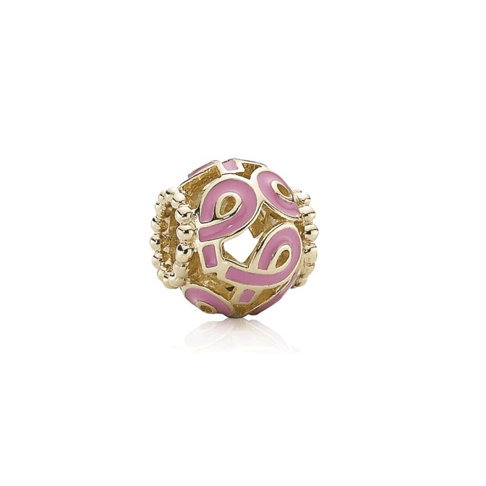 Conta de ouro 14k, esmalte rosa, Liga Portuguesa Contra o Cancro