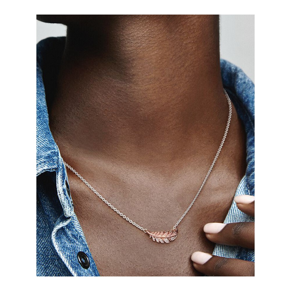 Feather sterling silver and 14k rose gold-plated collier with clear cubic zircon