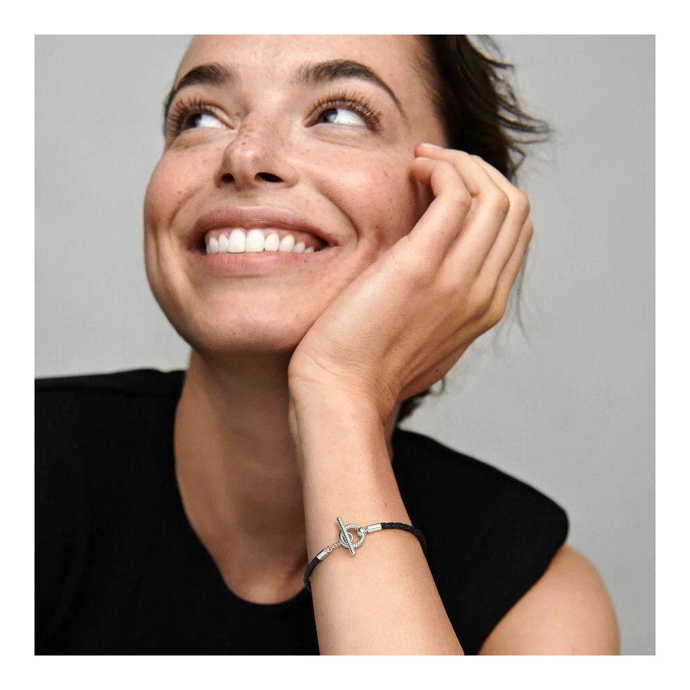 Pulseira Pandora de Couro preta fecho em T 591675C01-S1